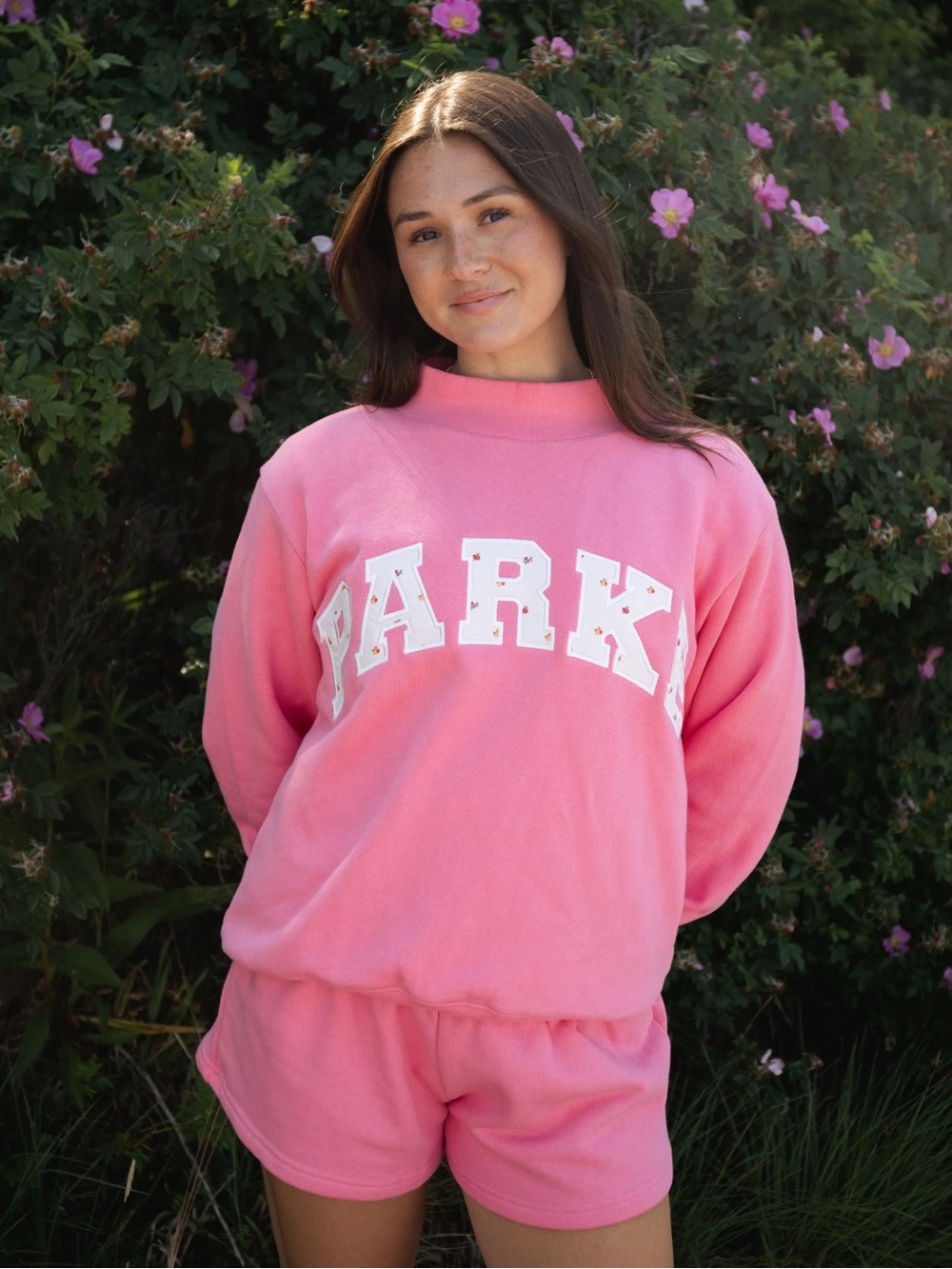 Parke x Maggie and Emma Parke Varsity Mockneck Ruby + Sunset Floral Sweatshirt